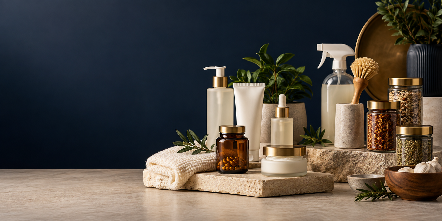 A curated arrangement of beauty, wellness, pantry, and home essentials